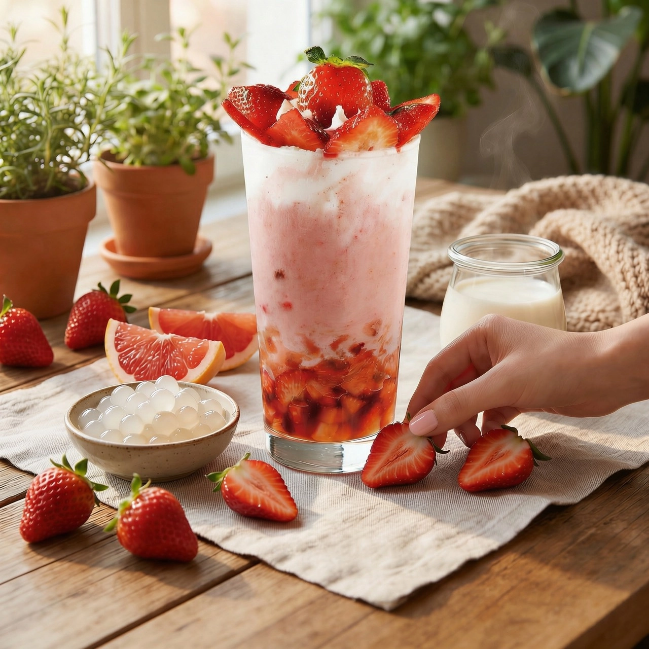 草莓,草莓季,草莓牛奶,自然湉,草莓甘露,牛奶,奶蓋,起司