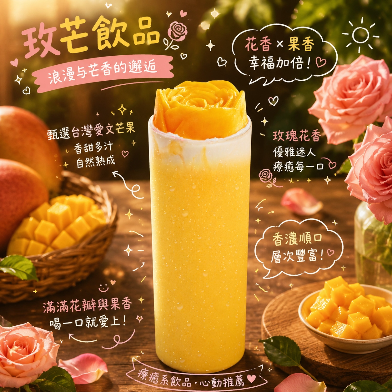 玫芒系列：一朵用愛文芒果削出的玫瑰，盛開在你的冰沙杯頂｜自然湉夏季限定