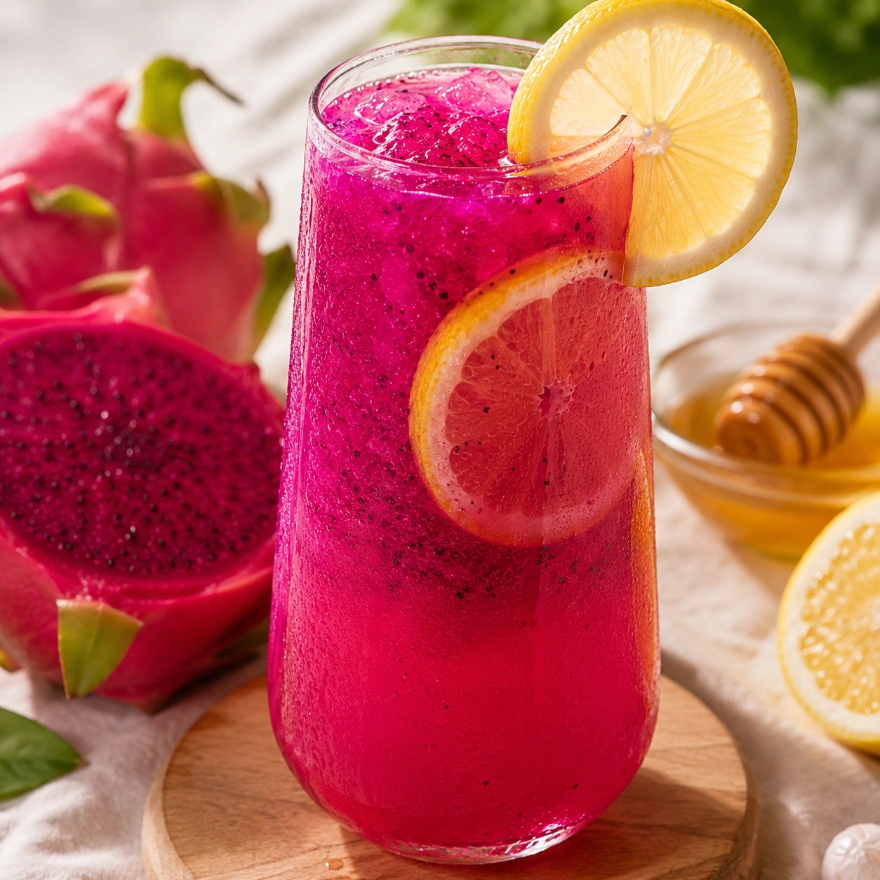自然湉火龍果蜂蜜檸檬飲料特寫
