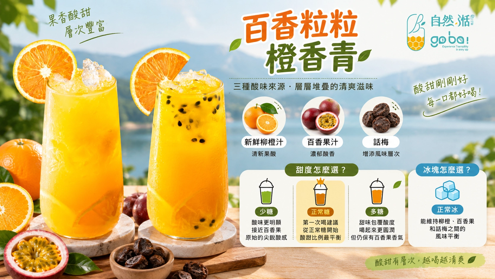 自然湉百香粒粒橙香青｜柳橙百香果話梅風味與甜度冰塊選擇指南