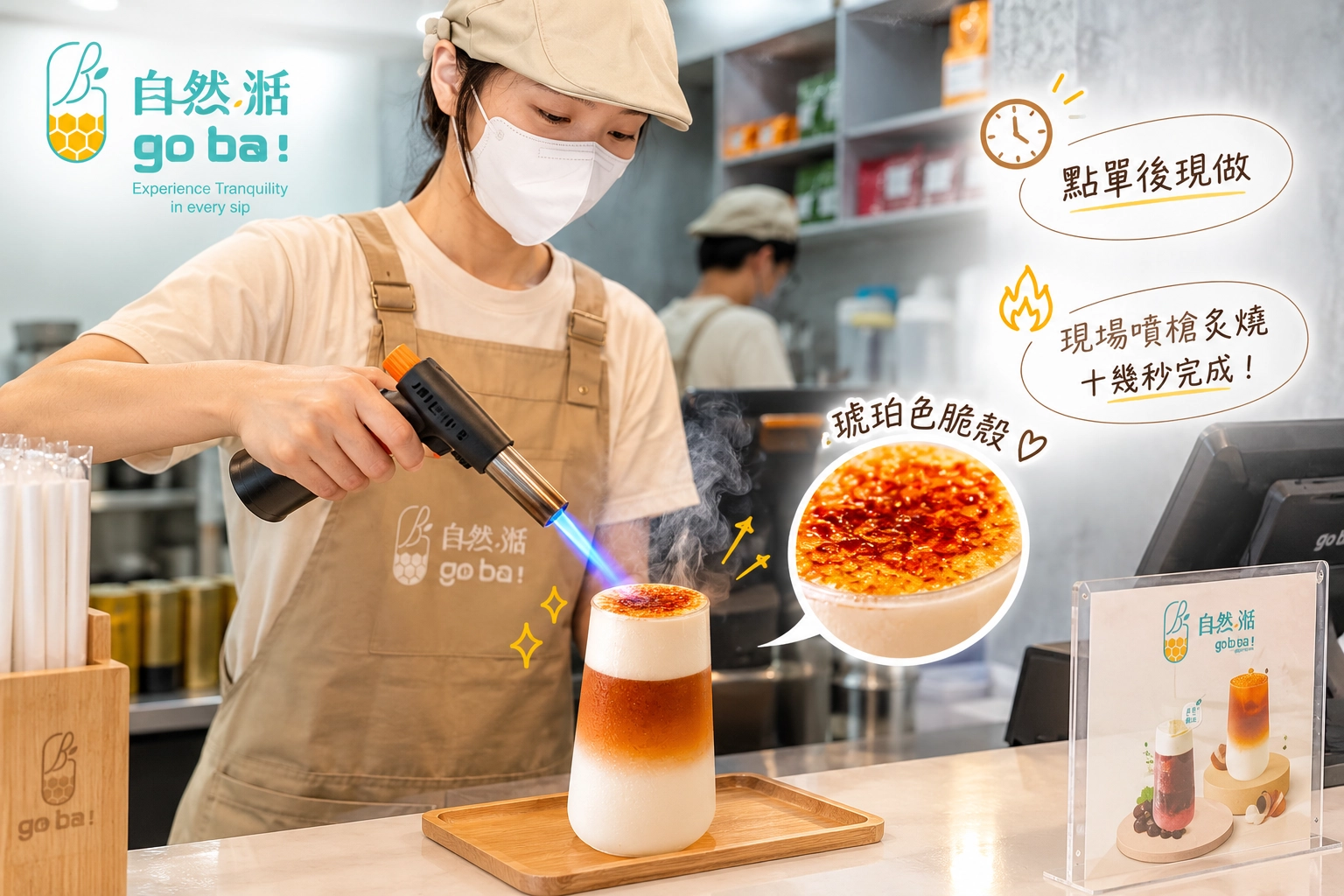雪絨焦糖蜜語奶茶現場黑糖粉噴槍炙燒過程